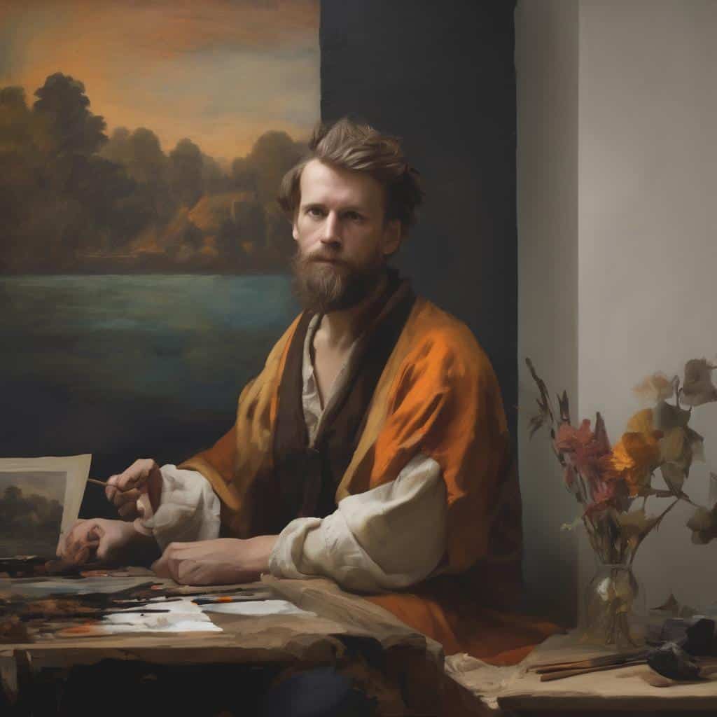 ανδρας ζωγράφος στο εργαστήριο, μεγάλη καλλιτεχνική επιρροή, ιστορική τέχνη, δημιουργική διαδικασία, παραδοσιακή τέχνη, ζωγραφική, σύγχρονη τέχνη, τέχνες, πίνακες ζωγραφικής.