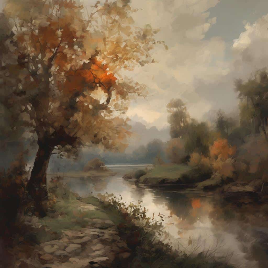 Ουράνιο τοπίο με ποτάμι και φθινοπωρινά δέντρα σε ιμπρεσιονιστικό στιλ, εμπνευσμένο από μεγάλες καλλιτεχνικές επιρροές στην ιστορία.