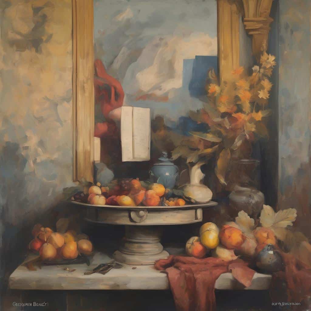 Αρμονία μεγάλης καλλιτεχνικής επιρροής σε still life ζωγραφική, πνευματικό και φυσικό τοπίο με φρούτα και βάζα.