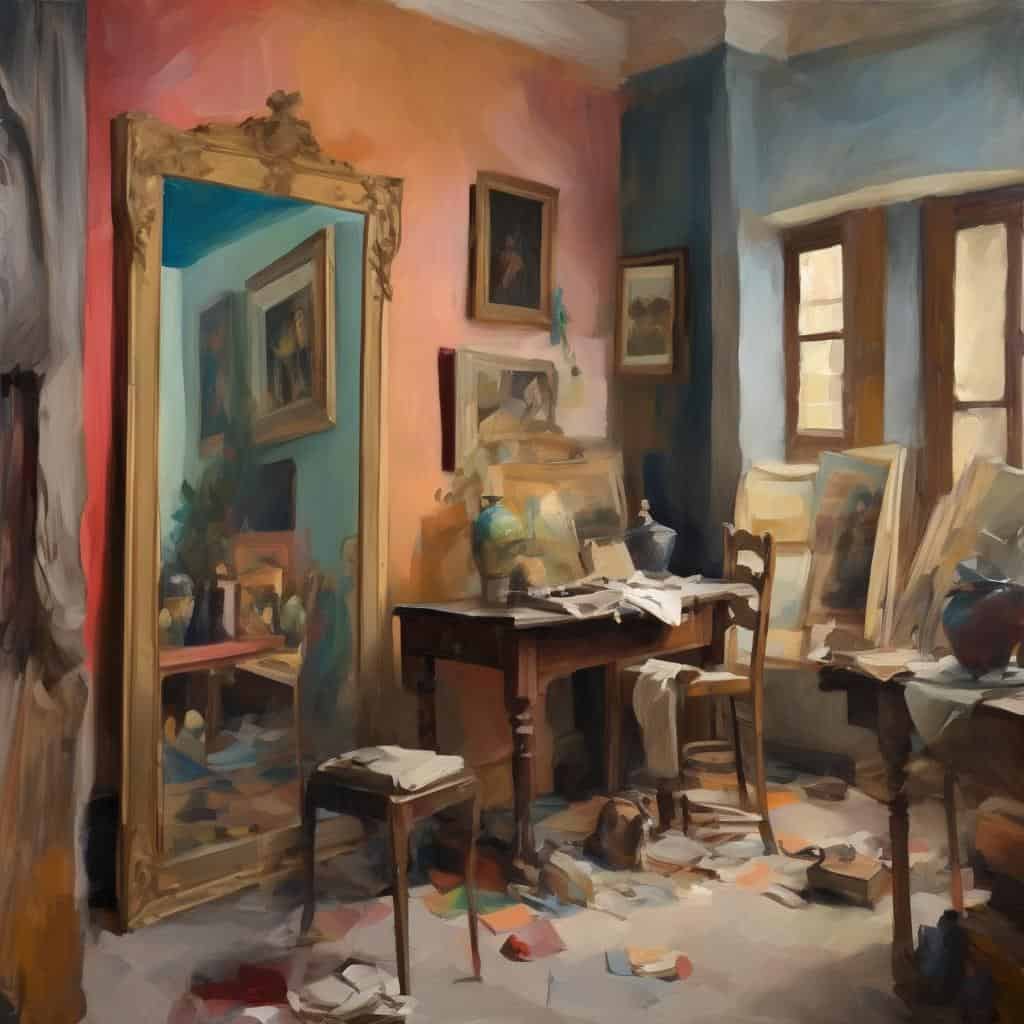 Καλλιτεχνική επιρροή σε ιστορικά έργα τέχνης, δωμάτιο με πινακίδες και καλλιτεχνικά αντικείμενα.