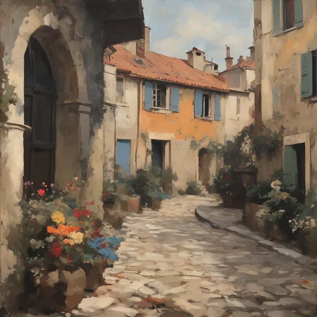 παραδοσιακός ευρωπαϊκός δρόμος με όμορφα λουλούδια και αρχοντικά, εμπνευσμένο από μεγάλες καλλιτεχνικές επιρροές στην ιστορία.